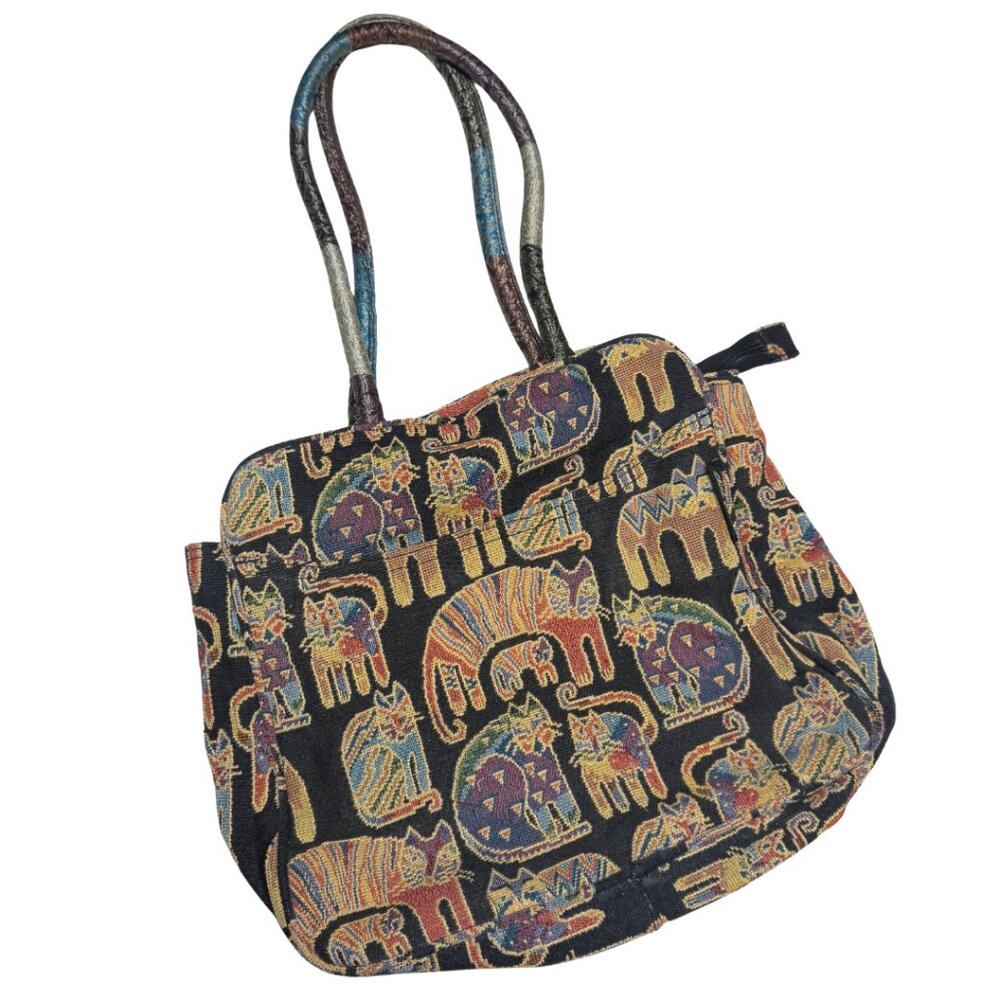 Vtg 80s/90s Laurel Burch Cat Tapestry Tote Bag Feline Friends